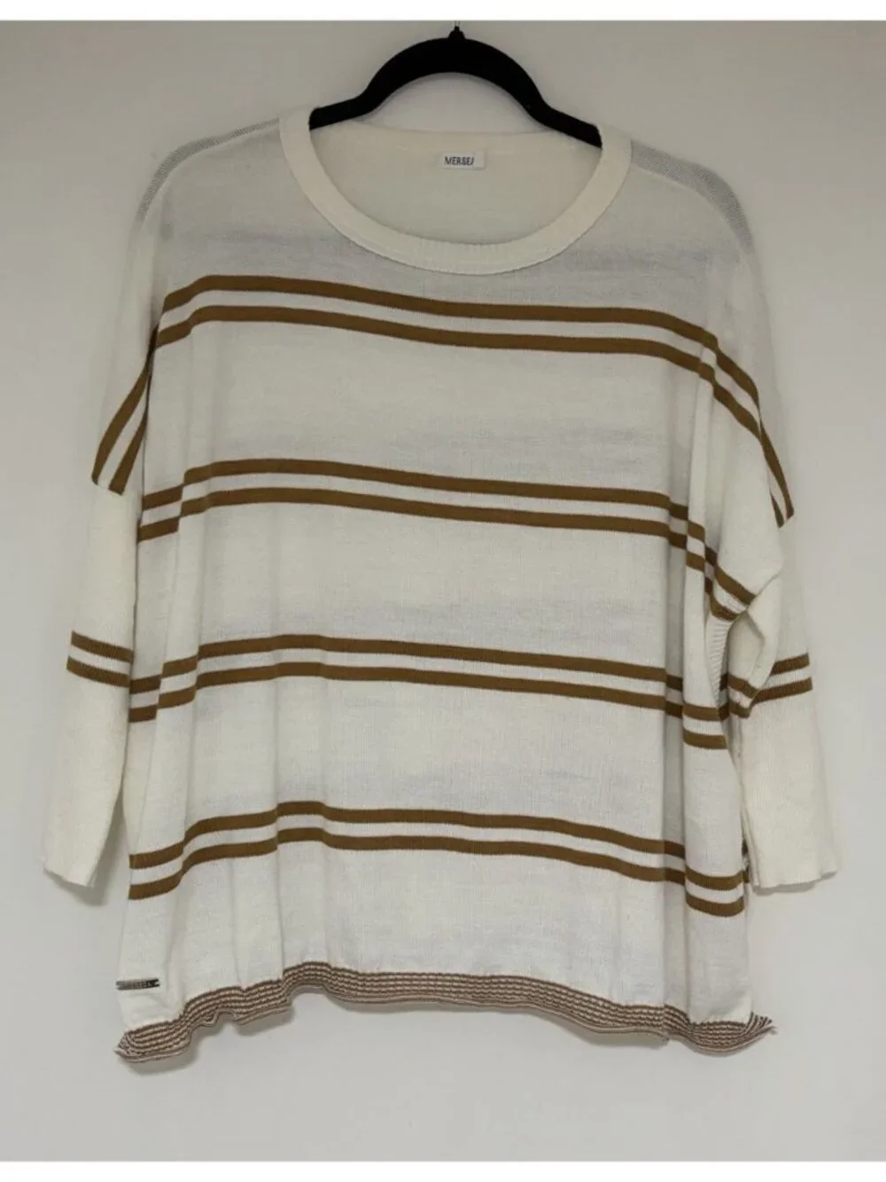 Mersea Women’s Tan And White Striped Catalina Sweater One Size Petite 3/4 Sleeve